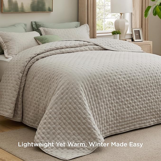 Bedsure King Size Quilt Bedspread, Thin Comforter, Oatmeal Coverlet | - Image 2