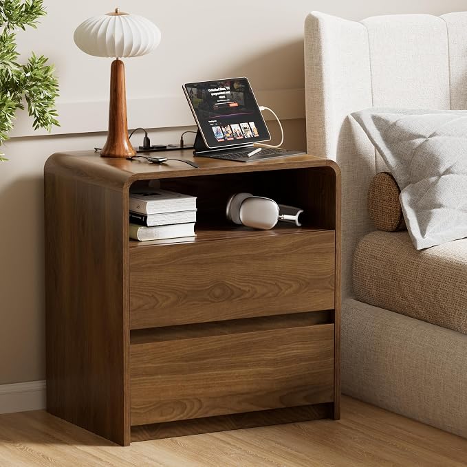 23.8" Modern Nightstand with Hidden Drawers Walnut Night Stand | Walnut Night - Image 2
