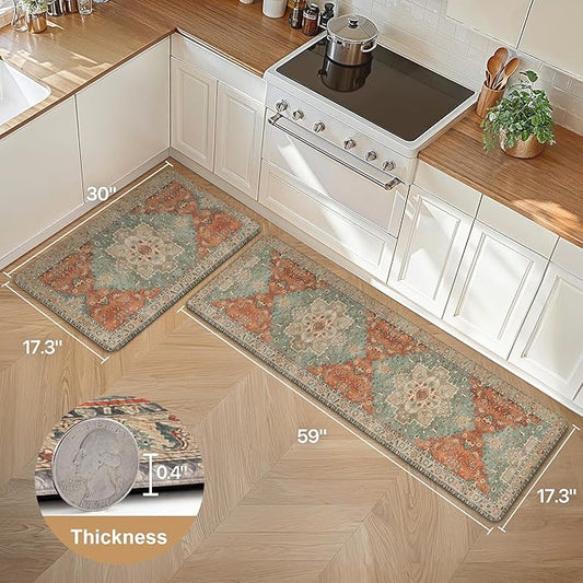 GENIMO Kitchen Mats for Floor 2PCs, Washable Anti Fatigue Mat for Cushioned, 17.3"x59"+17.3"x30", Waterproof Kitchen Rugs, Non Slip Comfort Standing Mat Rug for Home, Sink, Laundry, Multi