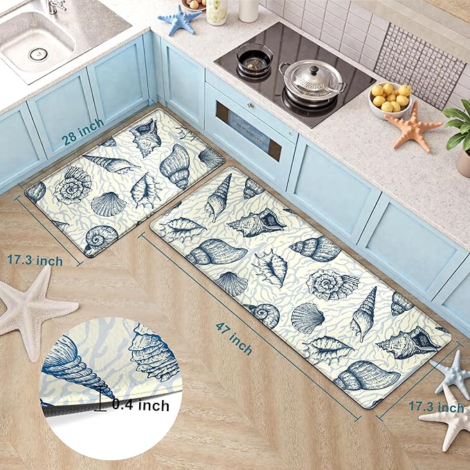Kitchen Mats for Floor Cushioned Anti Fatigue Sets of 2 Beach Theme Kitchen Rugs Non Slip Waterproof Coastal Foam Kitchen Floor Rug Nautical Coral Seashell Comfort Standing Mat for Sink Laundry, Navy