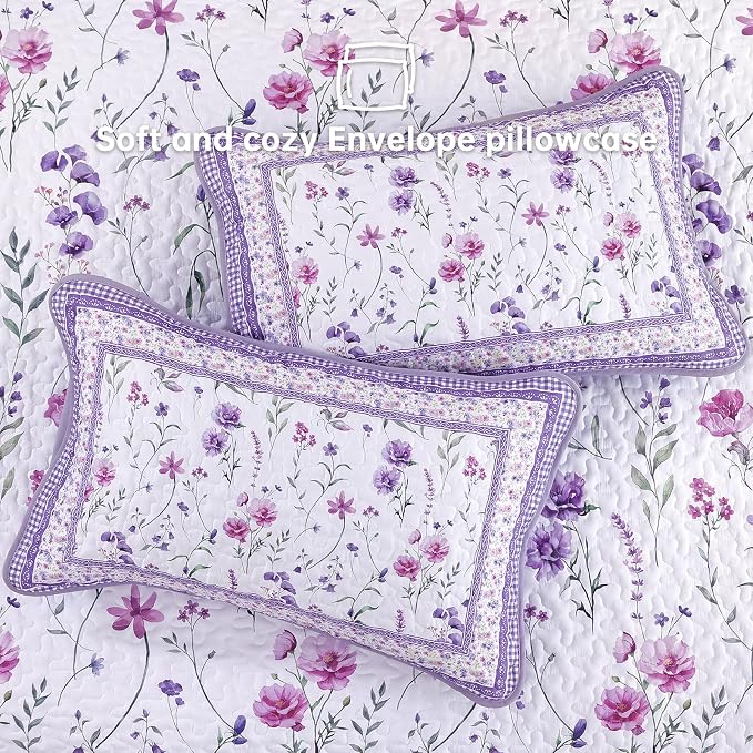 WONGS BEDDING Floral Quilt Set King, Cute Purple Flower Bedspread Coverlet | - Image 6