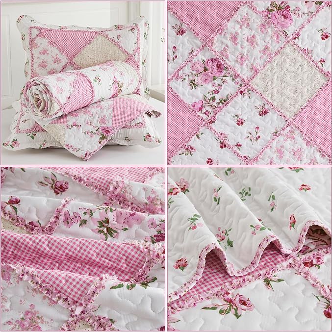 Oversized King Size Quilt Set 128x120 Pink Floral Patchwork Bedspreads Set | - Image 6