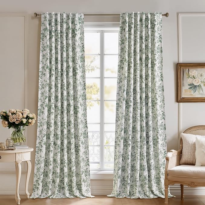 Sage Green Linen Blackout Floral Curtains 84 Inches 2 Panels | Floral Penoy by StangH