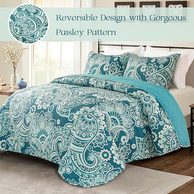 Whale Flotilla California King Size Quilt Set, Soft Boho Paisley Bedspreads | - Image 2