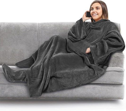 PAVILIA Fleece Blanket with Sleeves, Foot Pockets for Women Men Adults, Plush Wearable Blanket Throw Wrap, Warm Snuggle Blanket Robe, Cozy Gift Ideas Wife Mom, Dark Gray