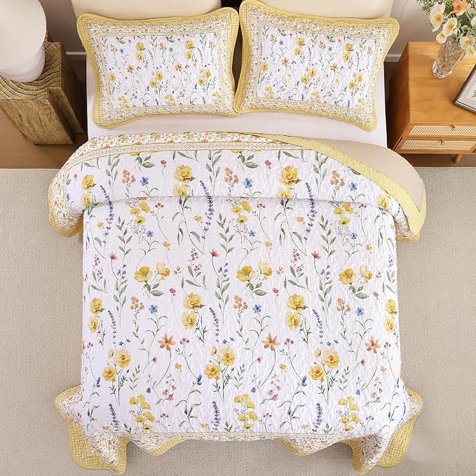 WONGS BEDDING Floral Quilts Set Queen, Microfiber Lightweight Farmhouse Bed - Image 3