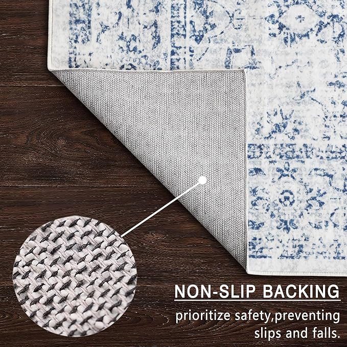 vivorug 5x7 Area Rugs - Ultra-Thin Washable Rug with Non-Slip Backing, Ideal for Living Room, Bedroom, Dining Room Indoor - Vintage, Easy Clean, Durable, Low Pile Rug Blue
