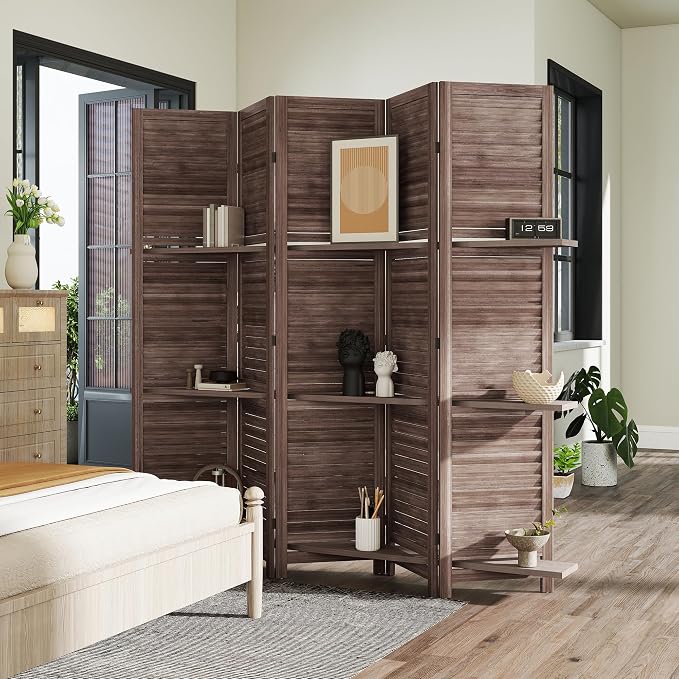 HOMCOM Room Divider 5 Panel 67" Tall Wood Privacy Screen Walnut | 3 Display - Image 8