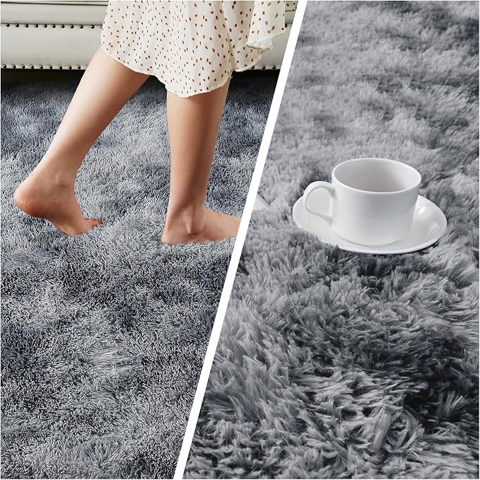 Small Shag Area Rug for Bedroom, 2x3 Dark Grey Tie-Dyed Soft Plush Carpet | - Image 6