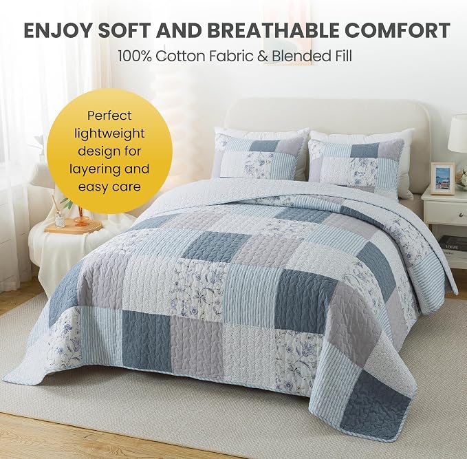 SLPR - Coastal Dream Cotton Quilt Set, Patchwork Bedding, Queen and 2 Shams | - Image 3