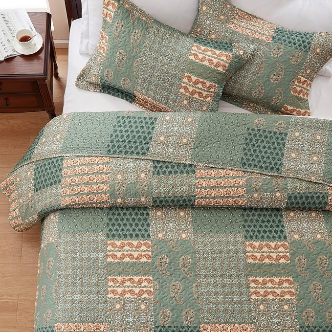 Quilt Set - Full/Queen Size Floral Paisley Olive Green Bedding Set - Image 5