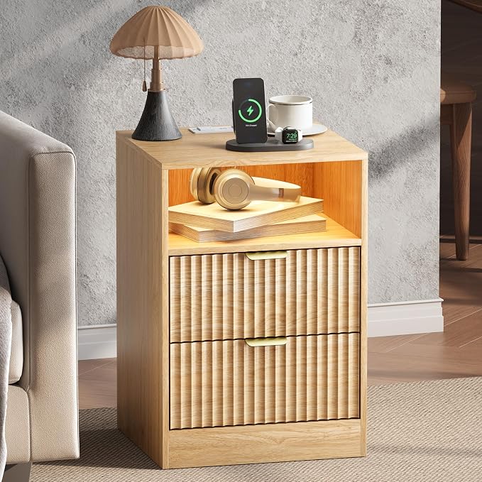 Fluted Nightstand Set of 2, LED Nightstand - Image 3