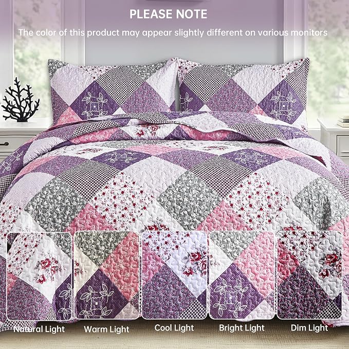 Dinjoy Purple Quilt Set King Size, Reversible Boho Patchwork Bedspreads | Soft - Image 8