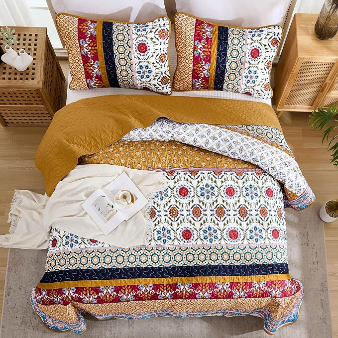 Yiran Boho Quilt Set King Size, Fall Tango Orange Patchwork Bedspreads | - Image 4