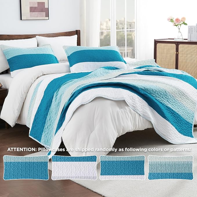 Queen Quilt Set Teal White, 3 Pieces Striped Bedspread | Ultra Soft Summer - Image 4