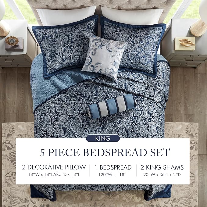 Madison Park Reversible Jacquard Quilted King Bedspread Set Navy, All-Season - Image 7