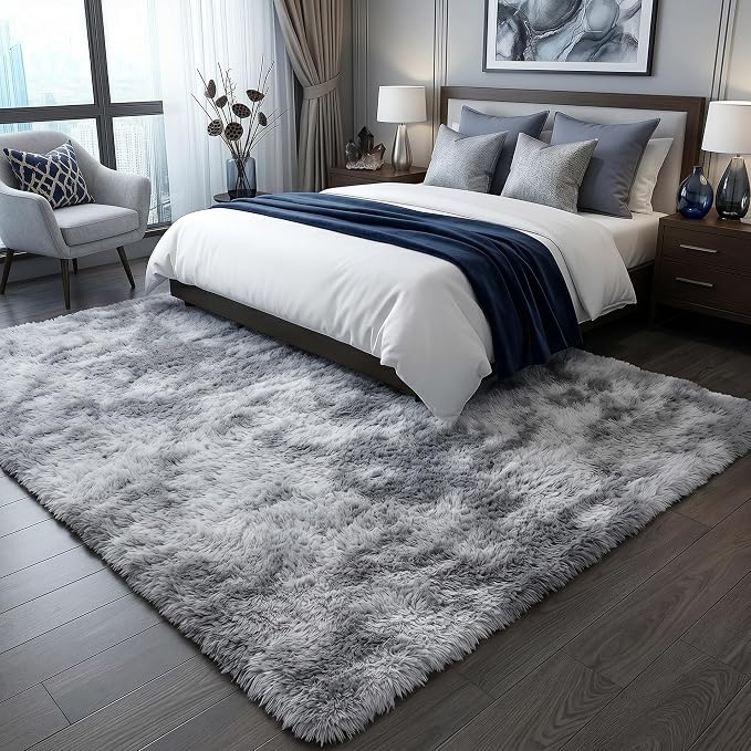 5x8 Area Rugs for Living Room Bedroom, Fluffy Tie-Dyed Light Grey Shag Rug - Image 6