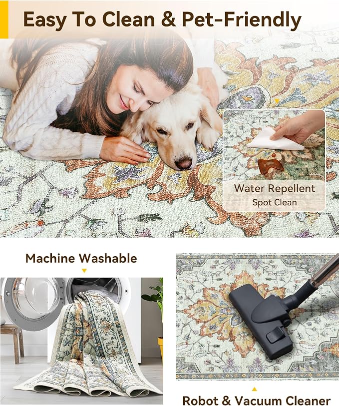 RELEANY Washable Area Rug, Water Repellent, Pet Friendly, Vintage Floral Boho - Image 6