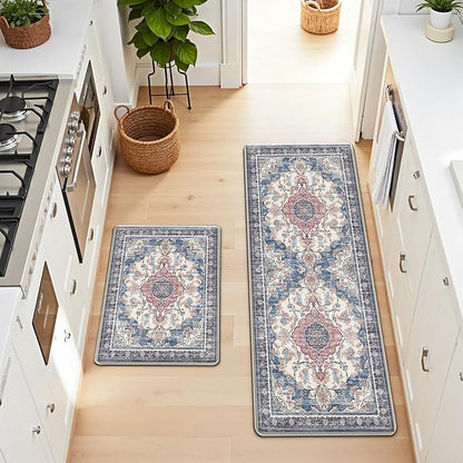 Boho Kitchen Mats for Floor 2 Piece Set Anti Fatigue Cushioned PVC Kitchen Rugs Non Slip Waterproof Farmhouse Mats 2/5 Inch Comfort Standing Mat for Sink, Laundry, 17.3"x47"+17.3"x28", Retro Blue