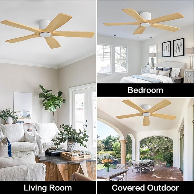 WINGBO 54" Flush Mount DC Ceiling Fans Without Lights, 5 Carved Solid Wood Blades, 6-Speed Reversible DC Motor, Low Profile Hugger Ceiling Fan No Lights for Living Room Bedroom Patio, White and Oak