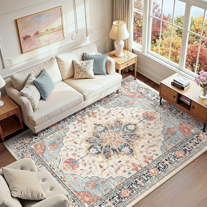 RELEANY Washable Area Rug, Water Repellent, Pet Friendly, Vintage Floral Boho by RELEANY
