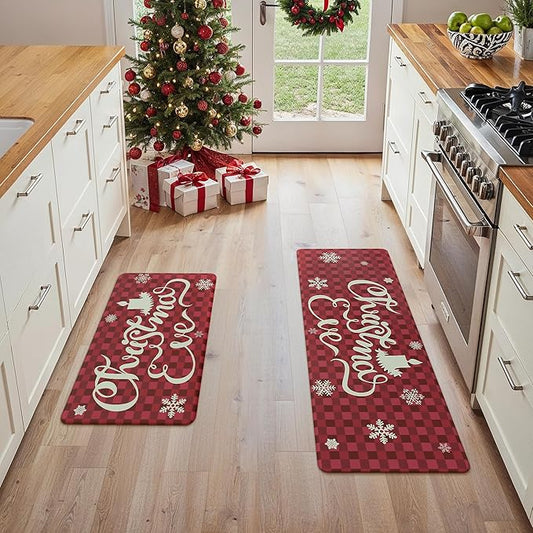 GENIMO Christmas Decorations - Kitchen Mats for Floor, 2PCS Christmas Kitchen Rugs, Cushioned Anti Fatigue Mat for Home Decor, Waterproof Non Slip Standing Mat for Laundry, 17.3"x47"+17.3"x30", Red