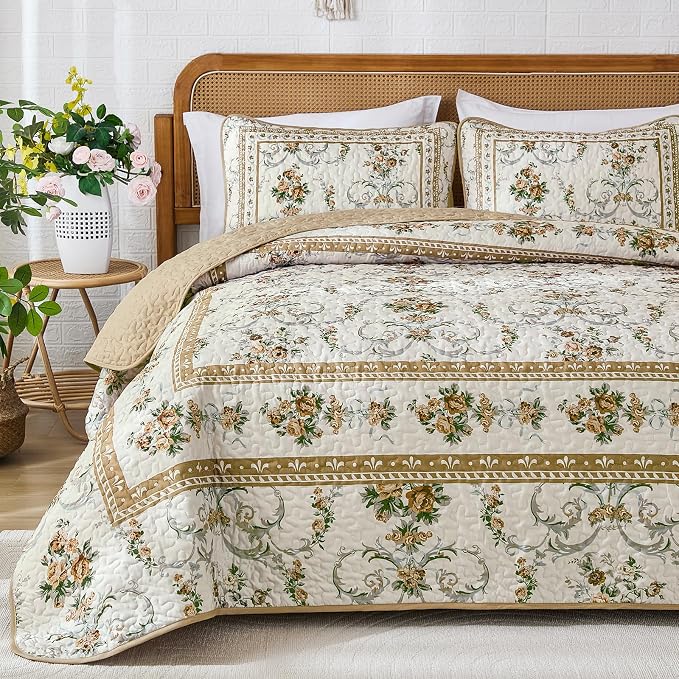 Anibedding Floral Quilt Set Queen, Retro Brown Flower Quilts 3PCs Bedspread | - Image 8