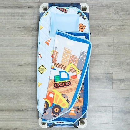 EVERYDAY KIDS Cute Preschooler and Toddler Cot Nap Mat for Home, Daycare, Preschool and Kindergarten; Easy to Roll Sleeping Mat with Elastic Straps, Pillow and Blanket