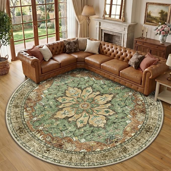 RELEANY Washable Area Rug, Round 10ft, Brick/Brown/Green | Non-Slip, Water by RELEANY