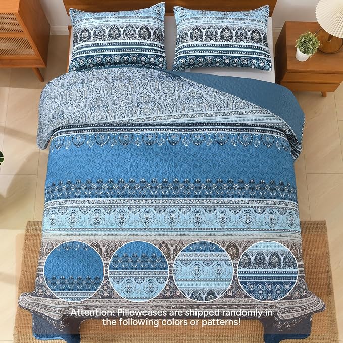 Blue King Size Quilt Set, 3 Pieces Boho Striped Bedspread | Soft Lightweight - Image 6