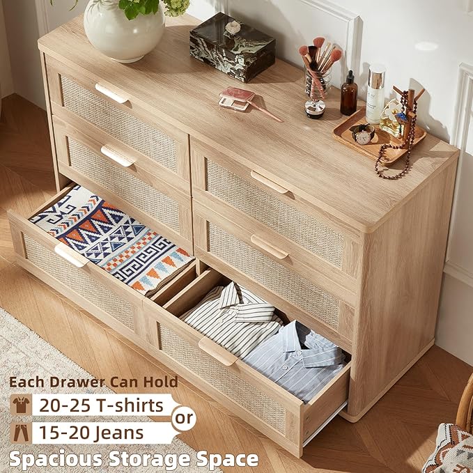 LEYAOYAO Rattan Dresser and Nightstand Set of 2, Boho Wood Dresser for Bedroom with 6 Drawers and Night Stand with 3 Drawer, Bedroom Furniture, Dressers & Chests of Drawers, Living Room, Hallway