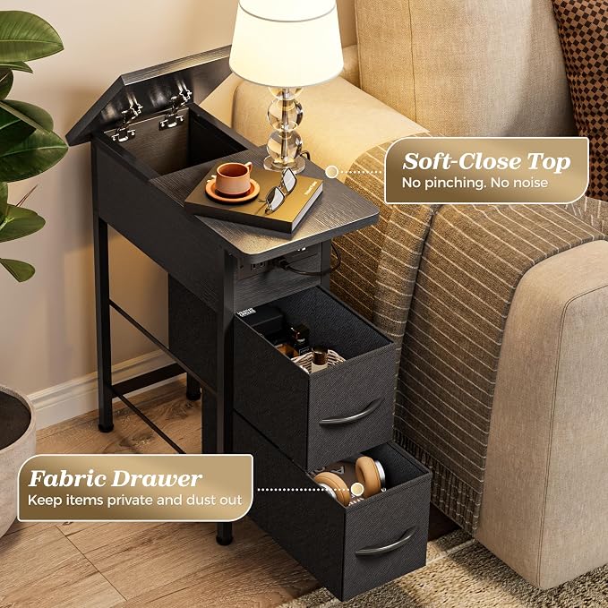 Huuger Narrow End Table with Charging Station, Side Table with 2 Drawers | Slim - Image 7