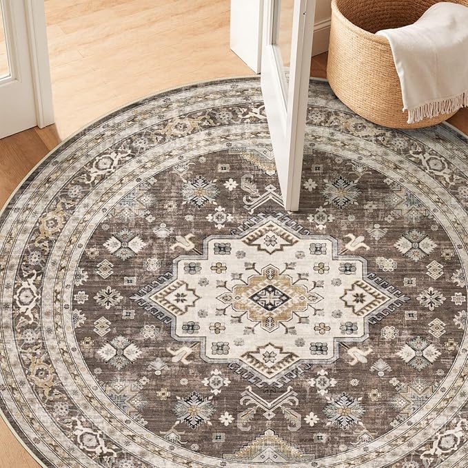 cotiled 5ft Round Living Room Area Rug, Traditional, Dark Brown | Soft - Image 7
