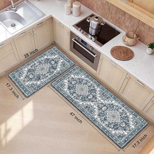 Boho Kitchen Mats for Floor 2 Piece Set Anti Fatigue Cushioned PVC Kitchen Rugs Non Slip Waterproof Farmhouse Mats 2/5 Inch Comfort Standing Mat for Sink, Laundry, 17.3"x47"+17.3"x28", Dark Blue