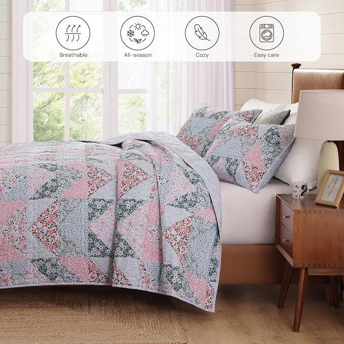 King Quilt Set-3 Pieces Soft Bedding Lightweight Floral Patchwork Coverlet | - Image 4