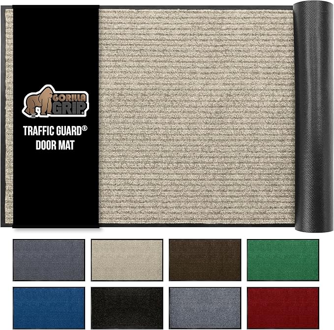 GORILLA GRIP Waterproof Traffic Guard Door Mat, 47x35, Heavy Duty Entryway Mats, Strong Rubber Back Commercial Utility Rugs for Office Hallway, Garage Floor and Home, Low Profile Carpet Runner, Beige