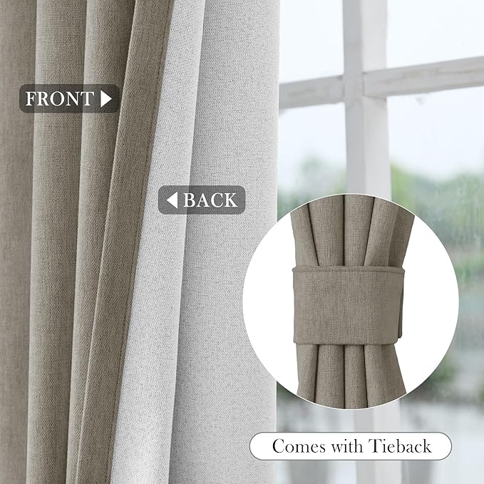 Macochico 100% Blackout Curtains Thermal Insulated Noise Reducing Chenille Curtains for Hotel Auditorium Bedroom Living Room Grommet Light Taupe Curtains with Tieback Classic 52" Wx84 L 1 Panel