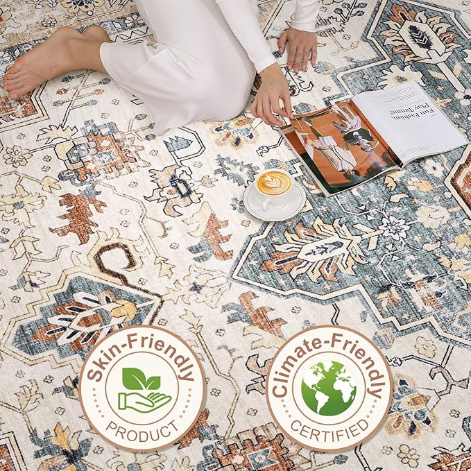 10x12 Area Rug Living Room: Washable Boho Large Neutral Vintage Soft Rugs Stain Resistant Distressed Farmhouse Non-Slip Indoor Floor Carpet for Bedroom Nursery Kids Office Dining Room- Beige Blue