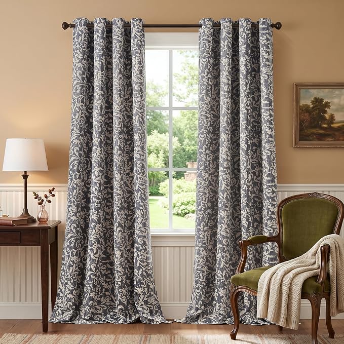 jinchan Blue Floral Blackout Curtians 96 Inch Vintage Grommet 2 Panels | Room - Image 2