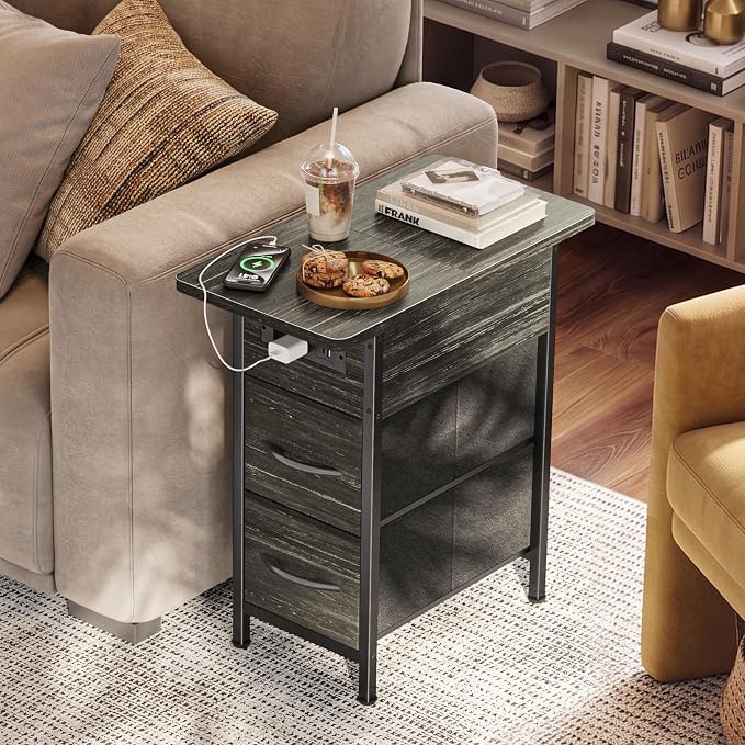 Huuger Narrow End Table with Charging Station, Side Table with 2 Drawers | Slim - Image 2