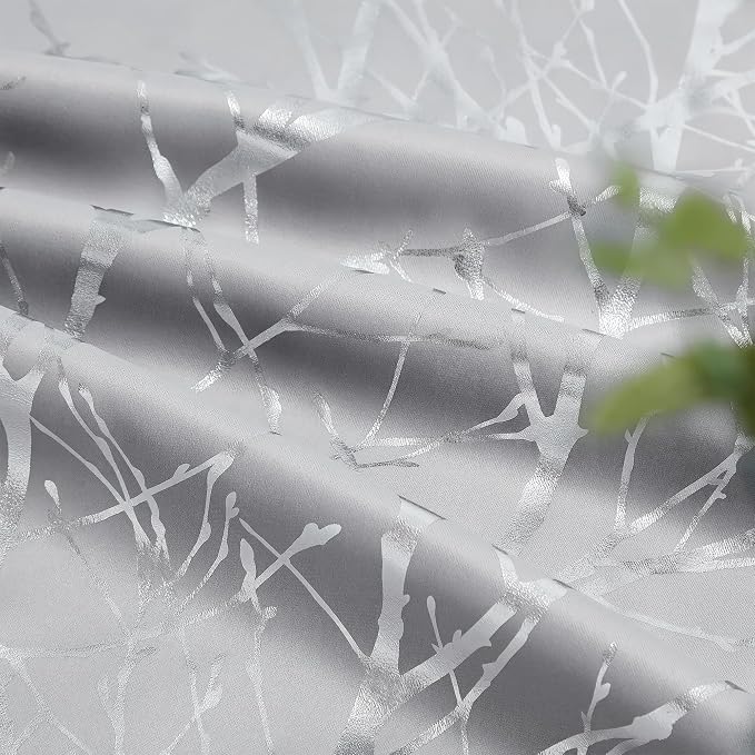 FMFUNCTEX 100% Blackout Grey Silver Foil Tree Curtains 63 Inch 2 Panels | - Image 7