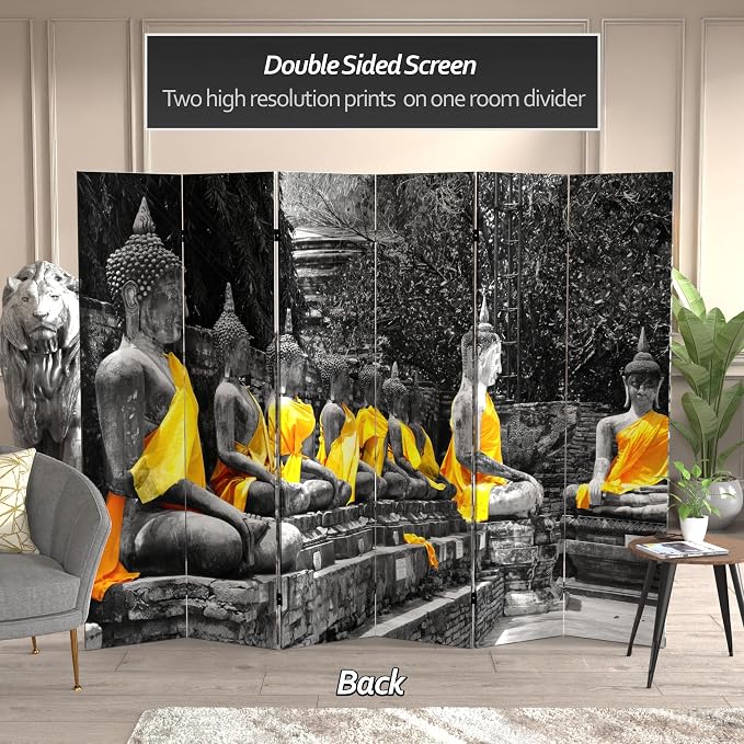 Red Lantern 6 ft. Tall Double Sided Golden Buddhas Room Divider 6 Panel - Image 3