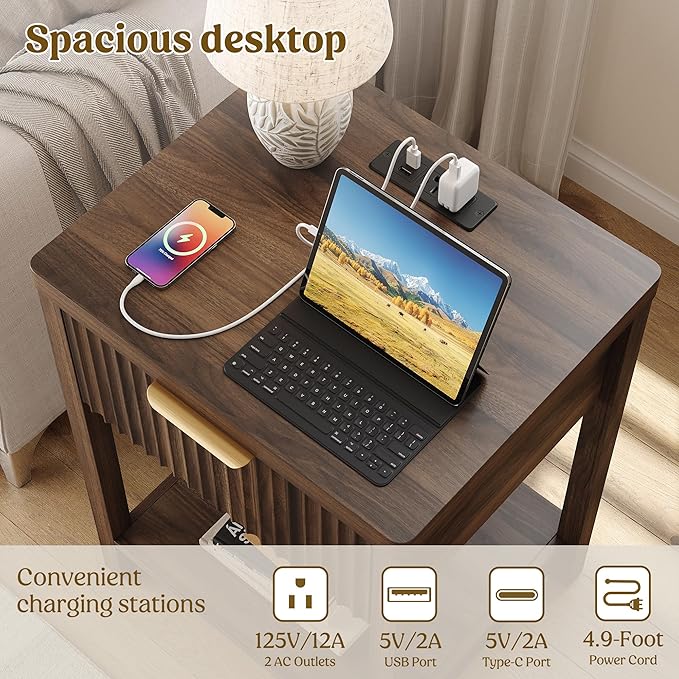 Night Stand Set 2, Fluted Wood Nightstands w/Charging Station - Image 4