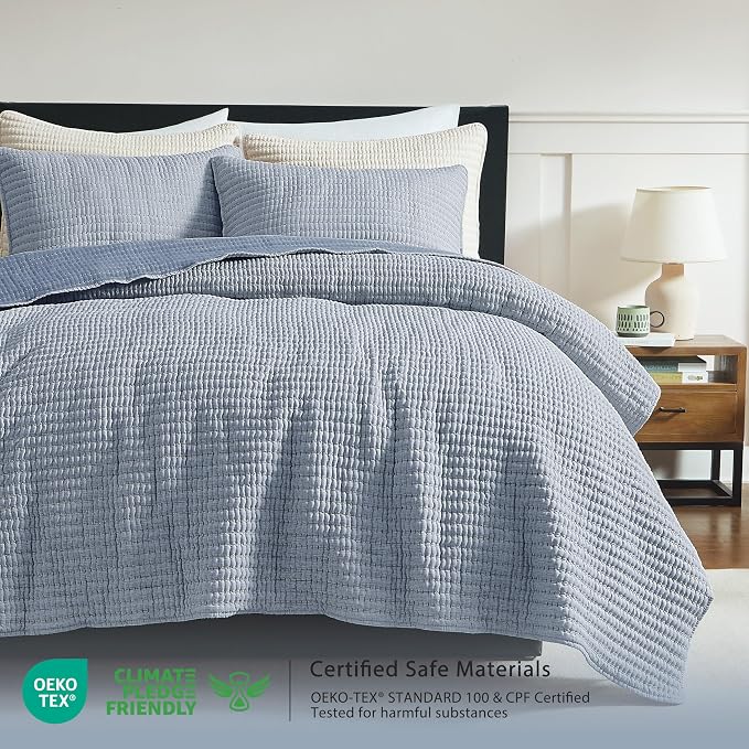 WDCOZY Chambray Pick Stitch King Size Quilt Set, Denim Blue Striped Lightweight - Image 2