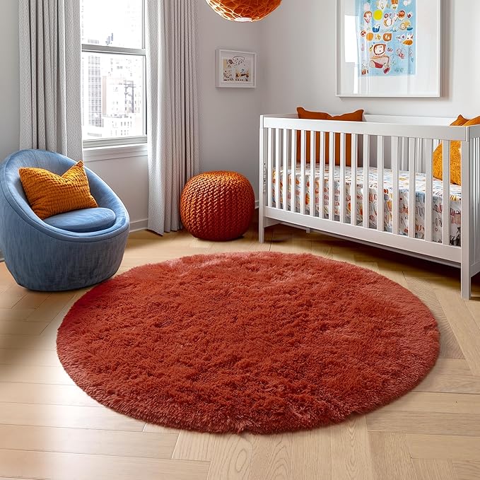 Amdrebio Terracotta Fluffy Round Area Rug 5Ft - Image 8
