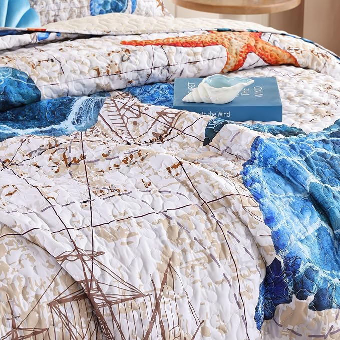 weigelia Coastal Quilt Queen Size, Nautical Lightweight Summer Bedding | - Image 7