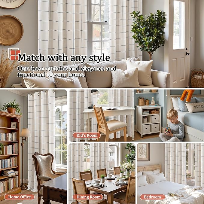 Navy Blue Plaid Linen Blackout Curtains - Image 4