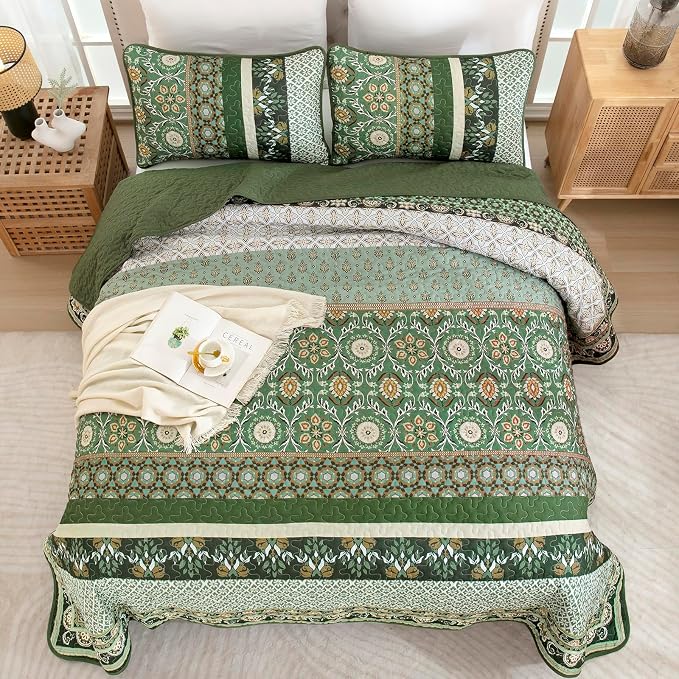 Yiran Boho Quilts Full Size, Olive Green Bedspreads Bedding Set | Lightweight - Image 6