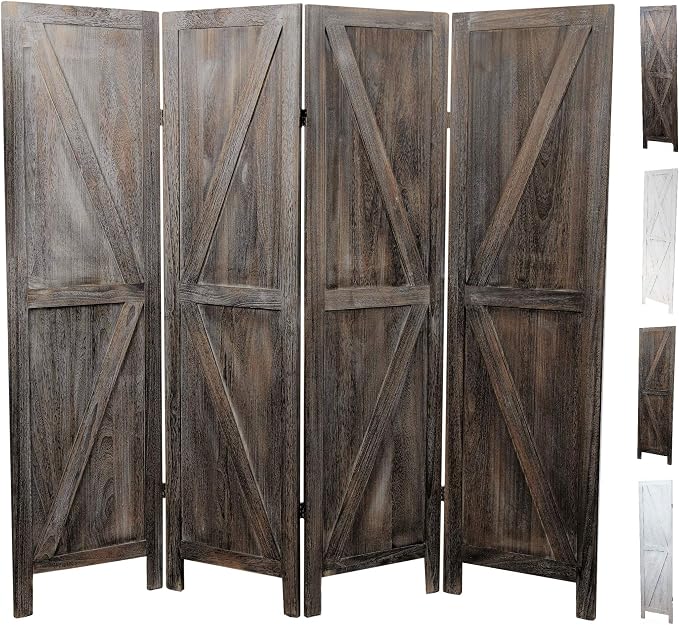 Premium Home 4-Panel Room Divider – Rustic Brown Barn Door, K Pattern Folding by PremiumHomeDecor