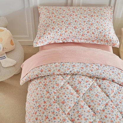 DuShow Toddler Bedding Set for Girls,4 Pieces Floral Toddler Girl Comforter Set,Super Soft Reversible Toddler Sheet Set,Lightweight Crib Bed Set -Pink
